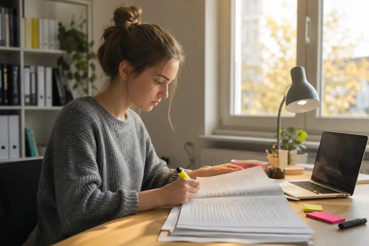 Studentin prüft ihre ausgedruckte Abschlussarbeit mit Checkliste und Textmarker am Schreibtisch