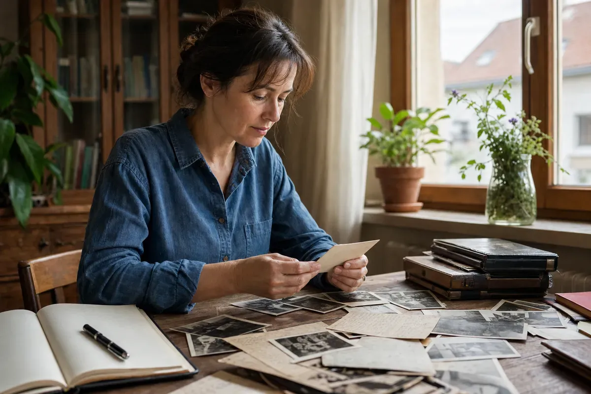 Biografin sichtet alte Fotografien und Dokumente für die Rekonstruktion eines Lebenswegs