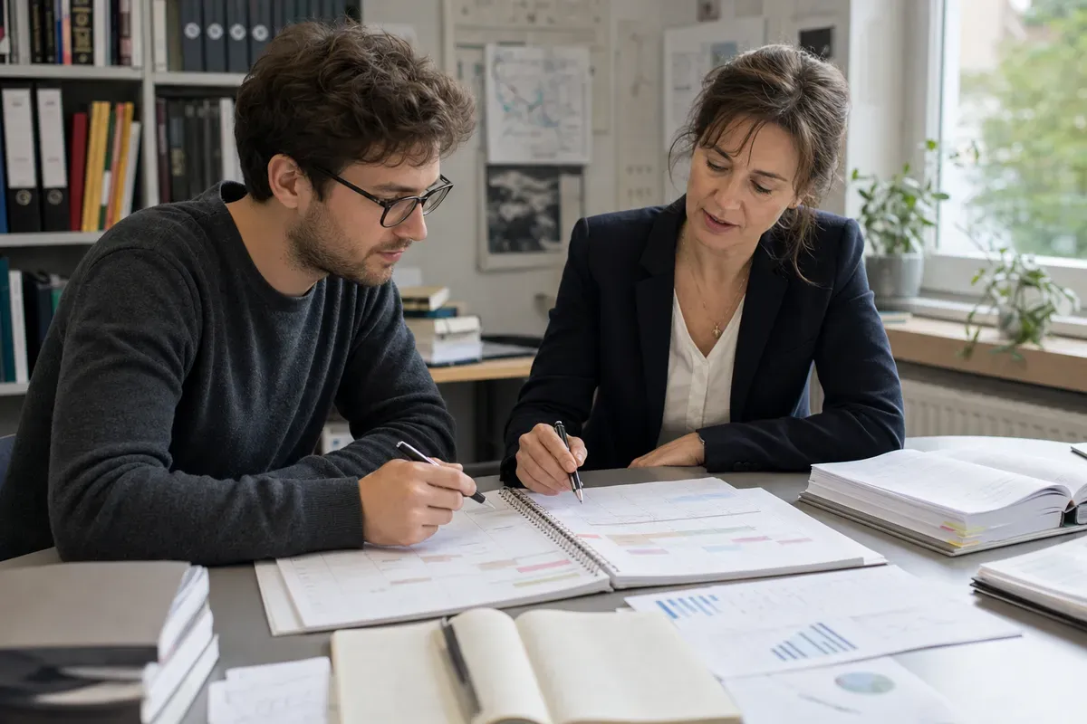 Doktorand bespricht den Zeitplan seiner Dissertation mit der Betreuerin im Universitätsbüro