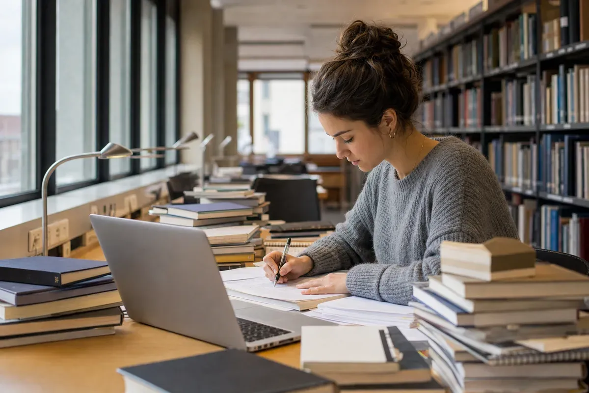 Doktorandin arbeitet konzentriert an ihrem Dissertationsmanuskript in der Bibliothek