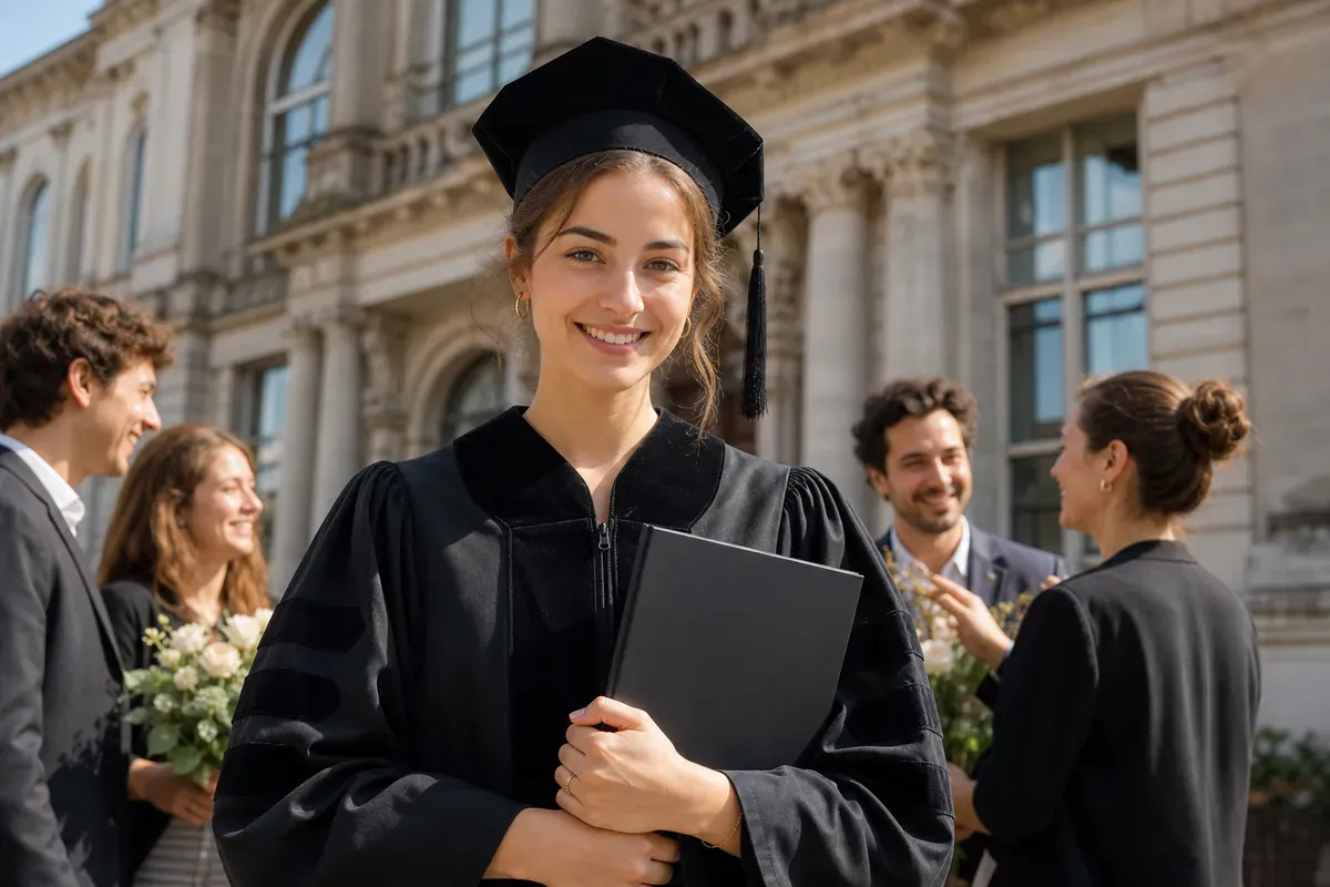 Doktorandin im Talar bei der feierlichen Promotionsfeier vor der Universität