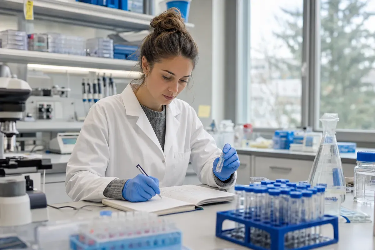Naturwissenschaftlerin wertet Versuchsergebnisse im Forschungslabor aus