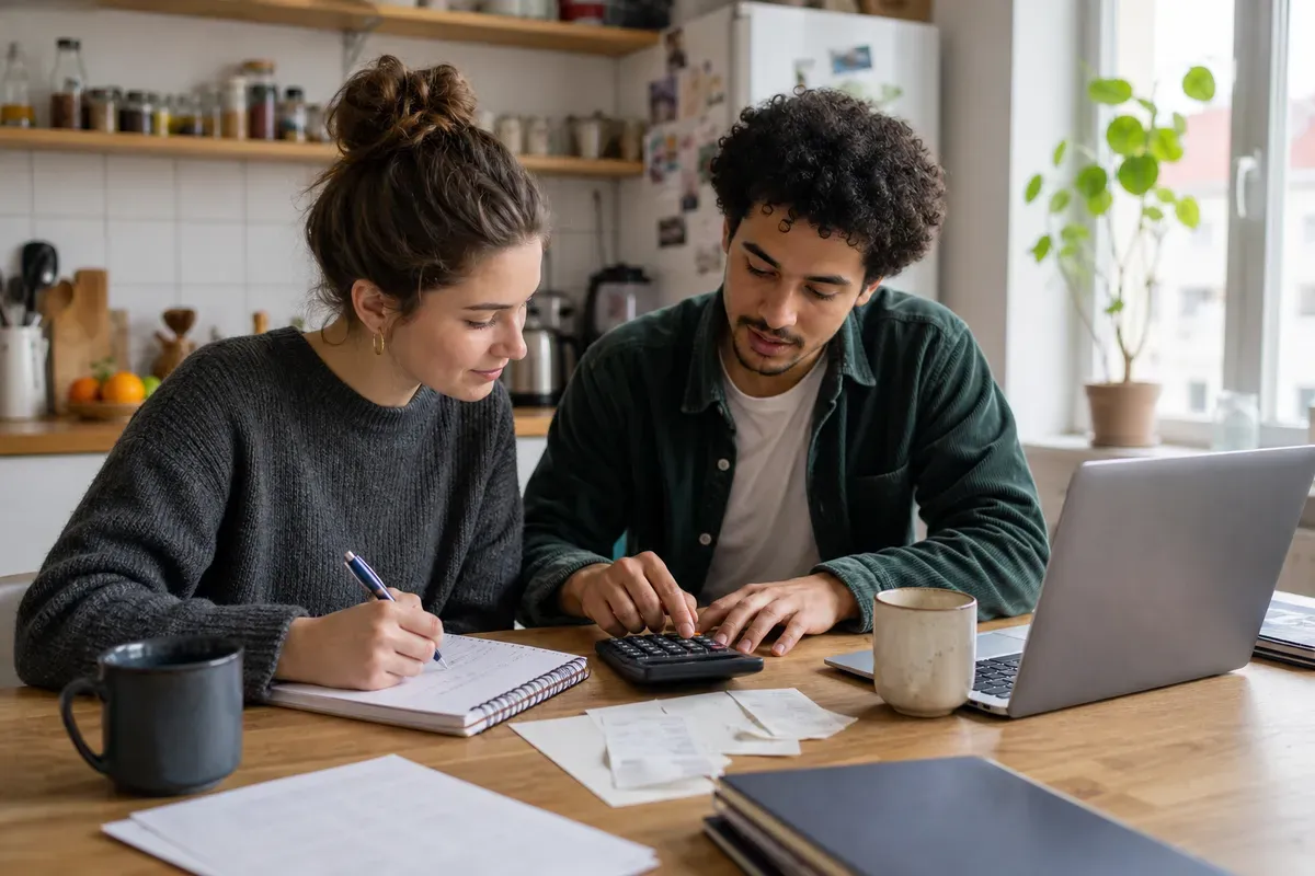 Studierende rechnen gemeinsam ihr monatliches Budget für das Studium an einem Küchentisch durch