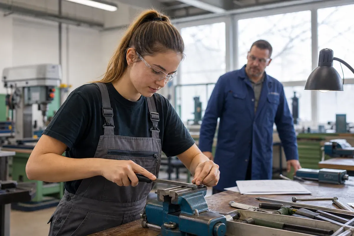Auszubildende arbeitet praktisch in einer modernen Werkstatt während ihrer Berufsausbildung