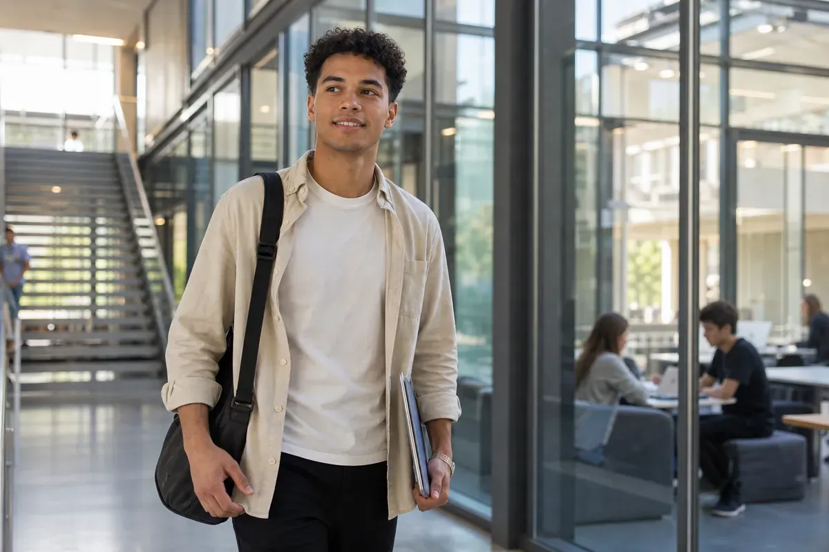 Dualer Student wechselt zwischen Hörsaal und Unternehmenspraxis mit Laptop und Arbeitsunterlagen