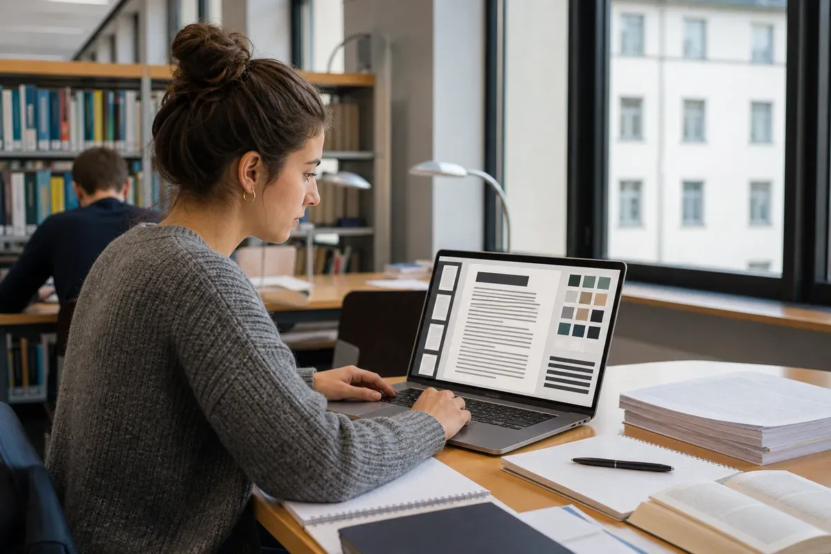 Studentin prüft den Farbkontrast eines Dokuments am Laptop-Bildschirm