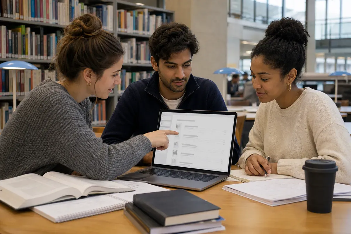 Studierende arbeiten gemeinsam an einem strukturierten wissenschaftlichen Dokument in der Bibliothek