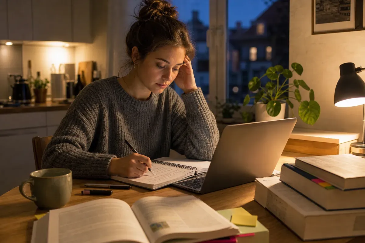 Berufstätige Studentin lernt abends mit Laptop und Fachbüchern am Küchentisch