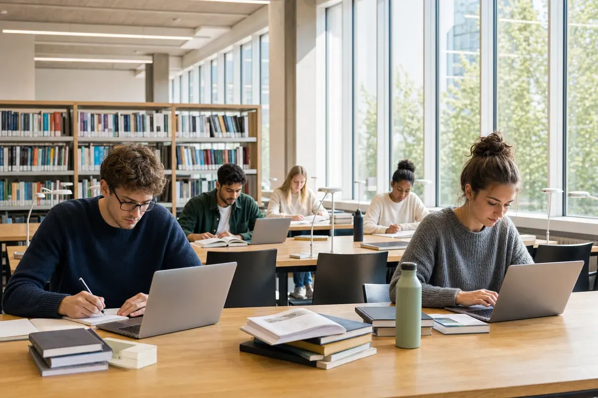 Studierende in einer hellen Universitätsbibliothek beim konzentrierten Arbeiten am Vormittag