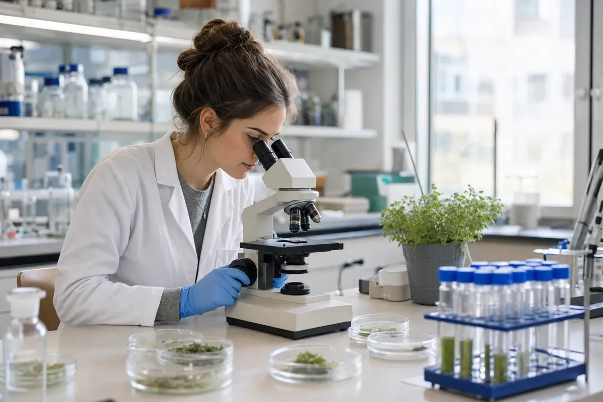Studentin im Labor wertet biologische Proben unter dem Mikroskop aus