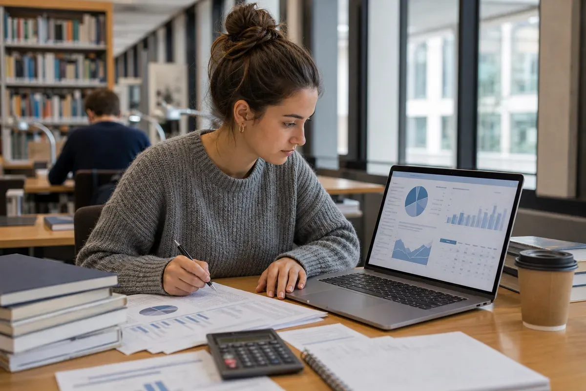 BWL-Studentin analysiert Wirtschaftsdaten und Diagramme am Laptop in der Universitätsbibliothek