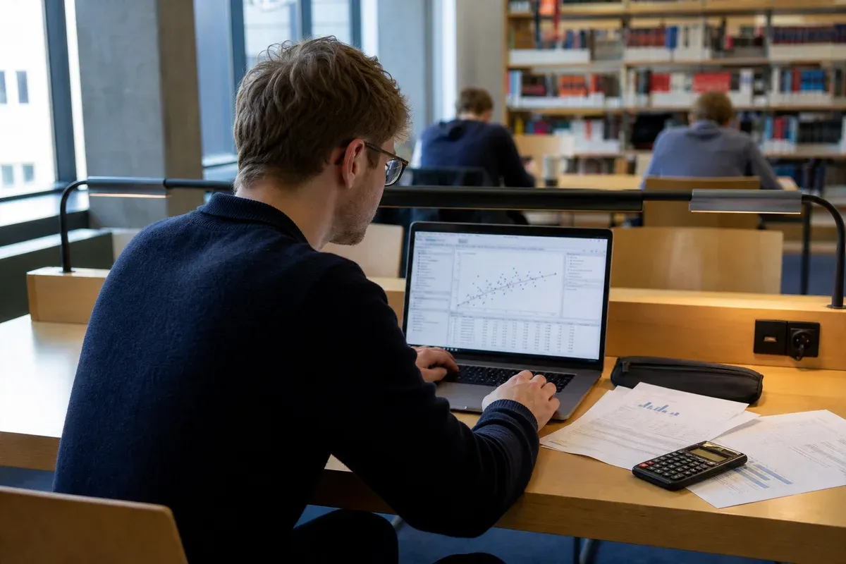 BWL-Student führt am Bildschirm eine Regressionsanalyse von Unternehmensdaten in einer Statistiksoftware durch