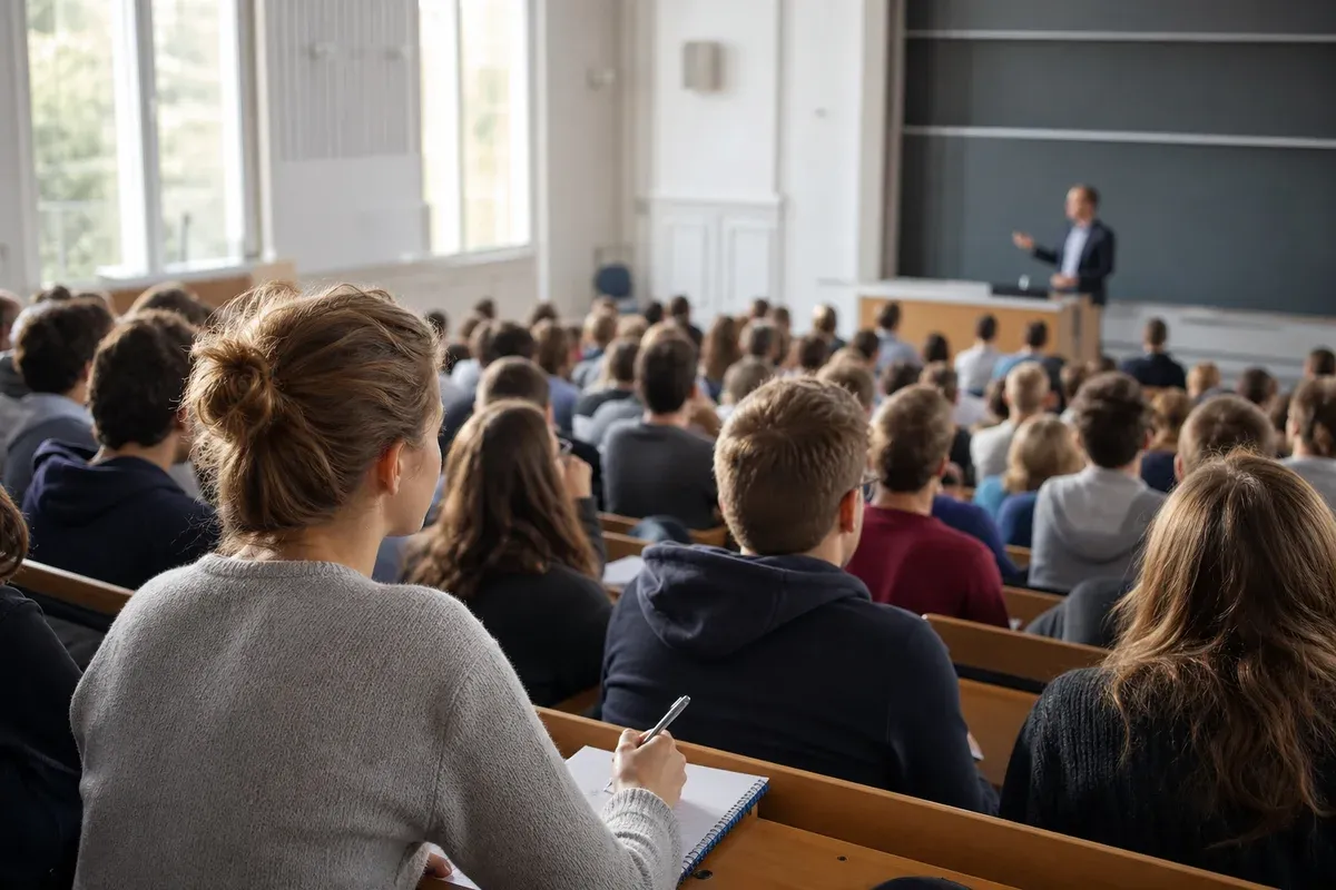 Studieninteressierte sitzt beim Schnupperstudium zwischen Studierenden in einem großen Hörsaal und macht Notizen