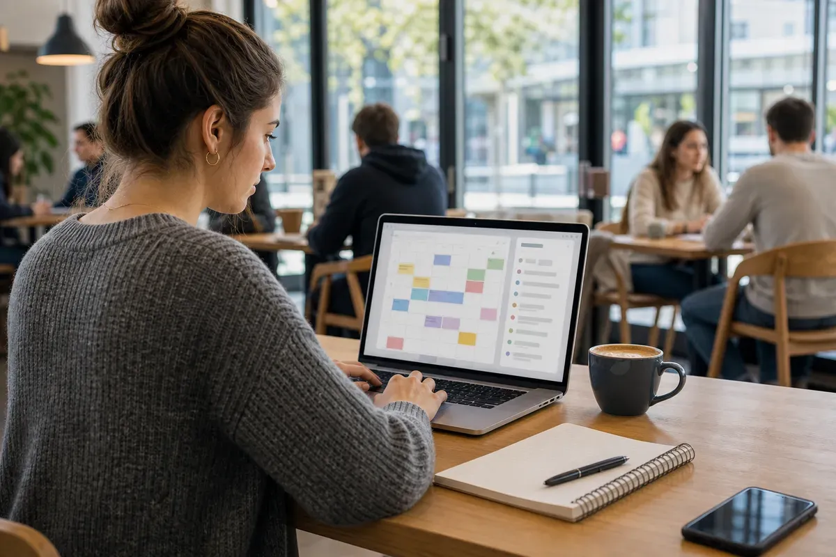 Studentin organisiert ihren Semesterplan mit digitalen Tools am Laptop