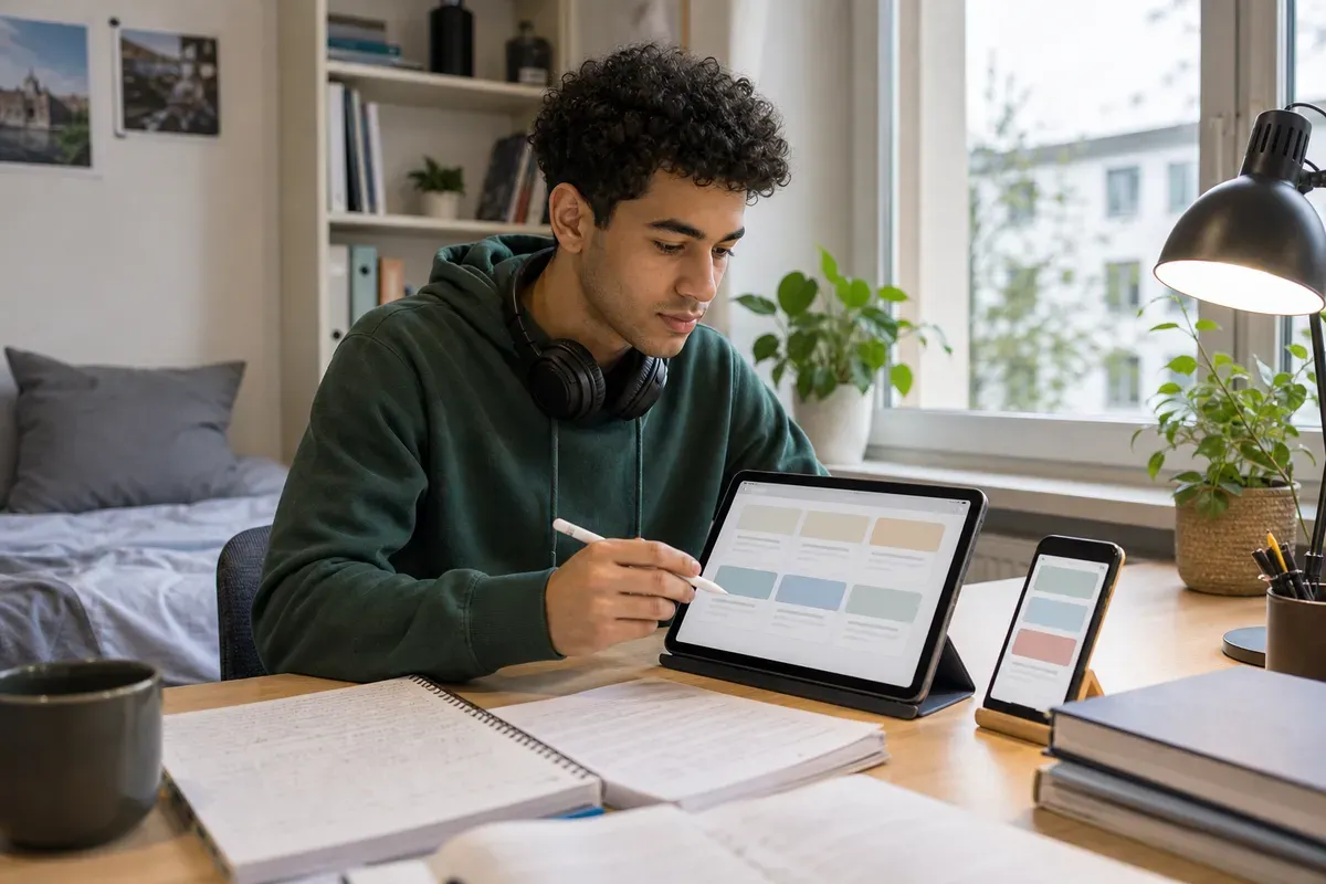 Student lernt mit digitalen Karteikarten auf Tablet und Smartphone
