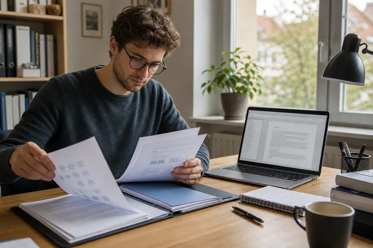 Promovierender bereitet Exposé und Unterlagen für die Bewerbung beim Doktorvater vor