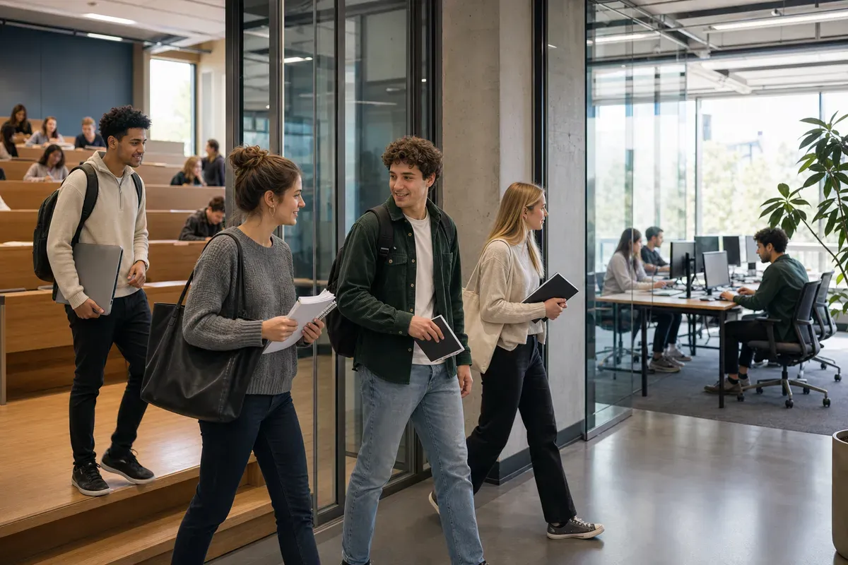 Studierende im dualen Studium zwischen Hörsaal und Unternehmenspraxis