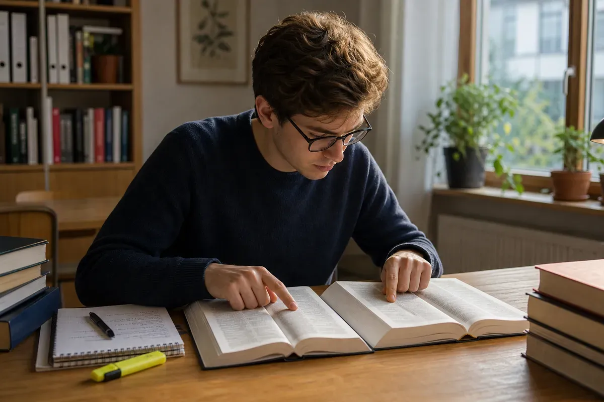 Student vergleicht deutsche und englische Fachbegriffe in Wörterbüchern am Schreibtisch