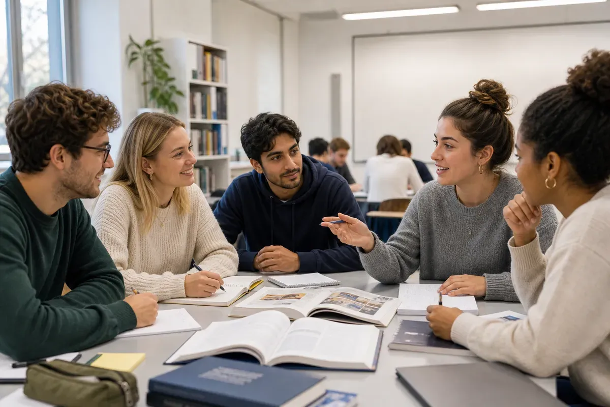 Studierende der Erziehungswissenschaften arbeiten gemeinsam an pädagogischer Fachliteratur im Seminarraum