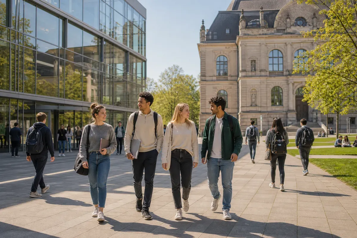 Studierende auf dem Campus zwischen modernem FH-Gebäude und klassischem Universitätsbau