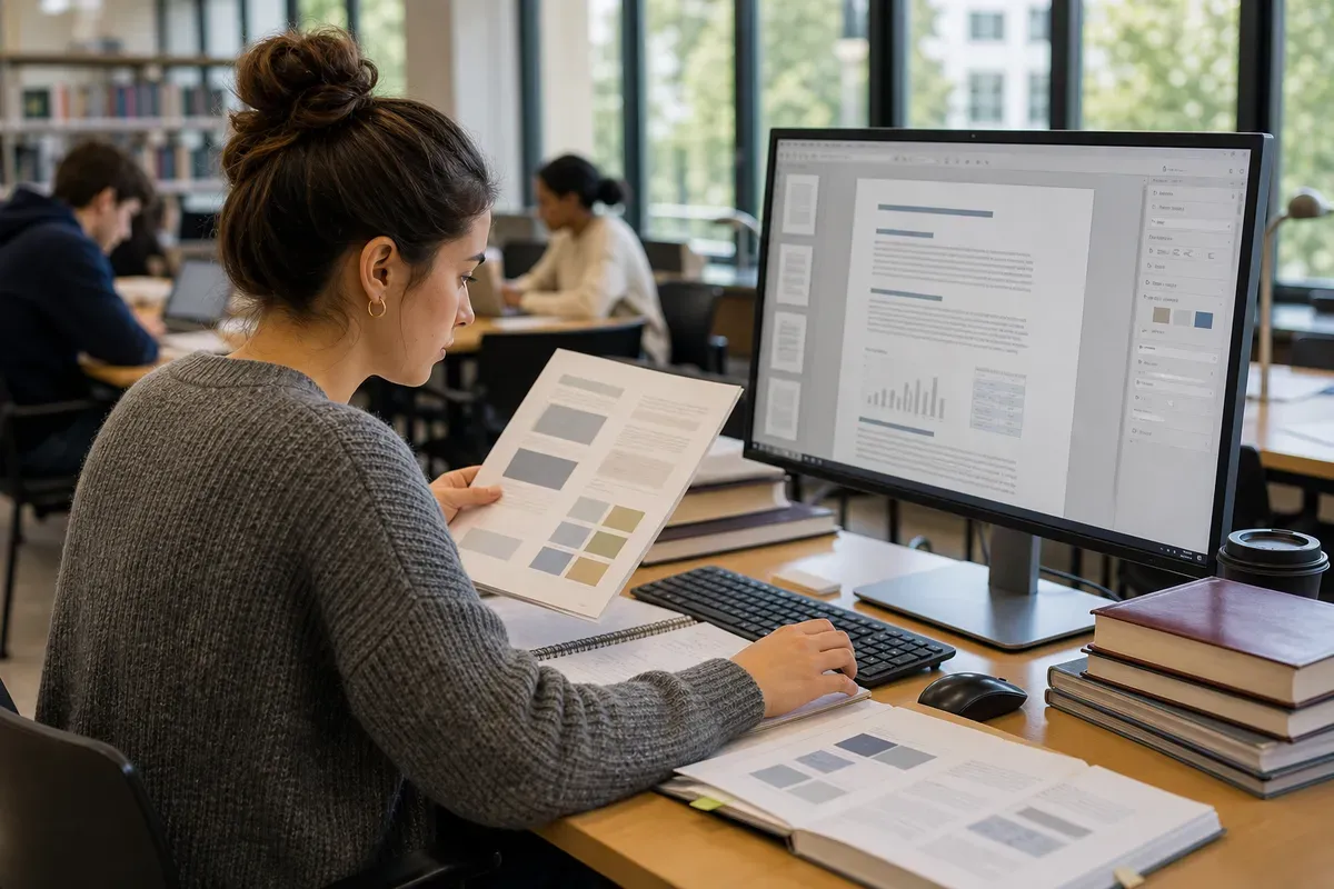 Studentin prüft die einheitliche Umsetzung gendergerechter Sprache in ihrer Abschlussarbeit am Bildschirm