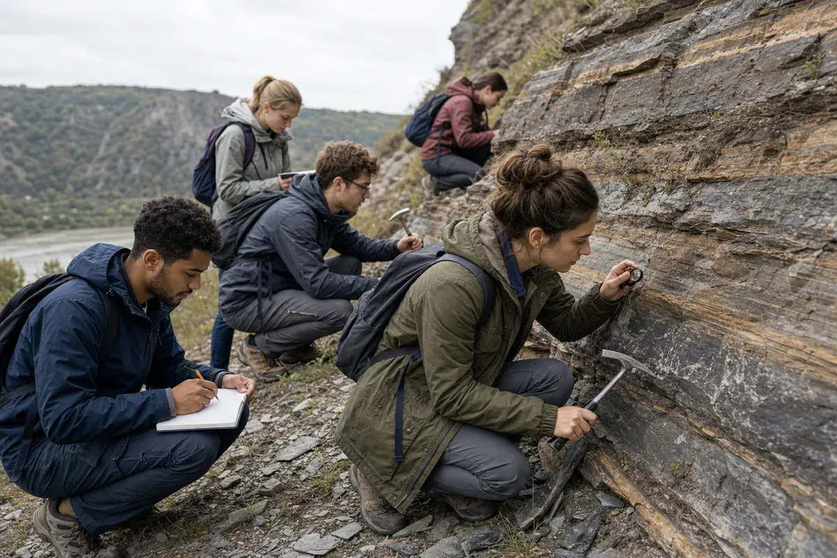Geologiestudierende untersuchen Gesteinsschichten bei einer Exkursion im Gelände
