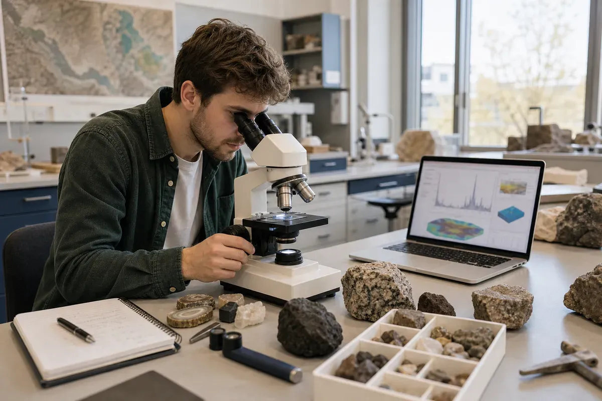 Student analysiert Gesteinsproben und Messdaten im geowissenschaftlichen Labor der Universität