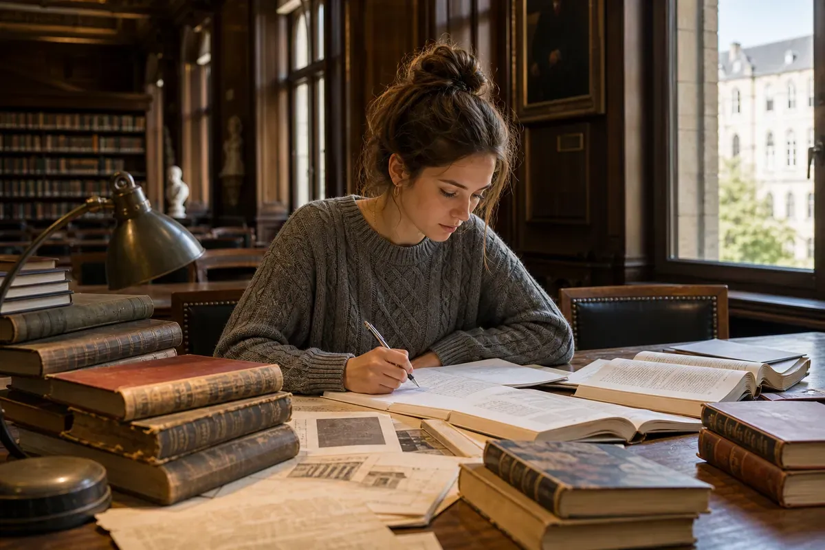 Studentin arbeitet in einer Universitätsbibliothek mit historischen Büchern und Quelleneditionen