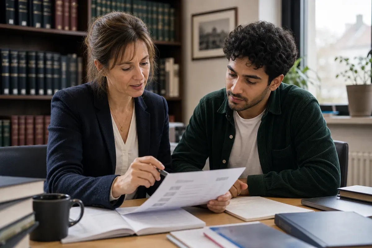 Akademischer Berater bespricht mit einem Studenten die Gliederung einer geschichtswissenschaftlichen Abschlussarbeit