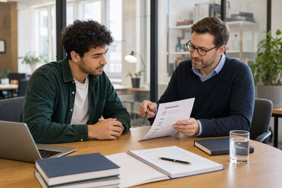 Student bespricht mit einem akademischen Autor die Gliederung seiner Bachelorarbeit in einem Beratungsgespräch