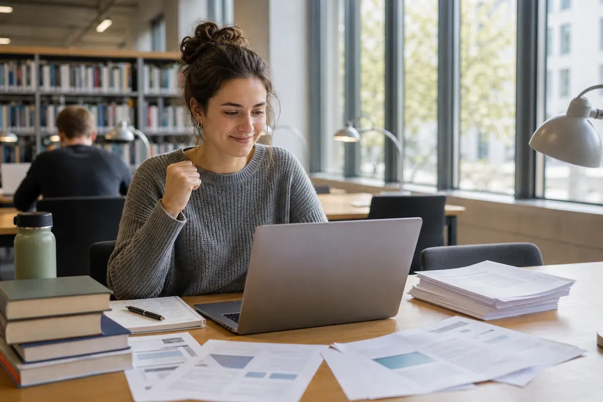 Studentin prüft zufrieden die fertige Mustervorlage ihrer Bachelorarbeit am Laptop in der Bibliothek