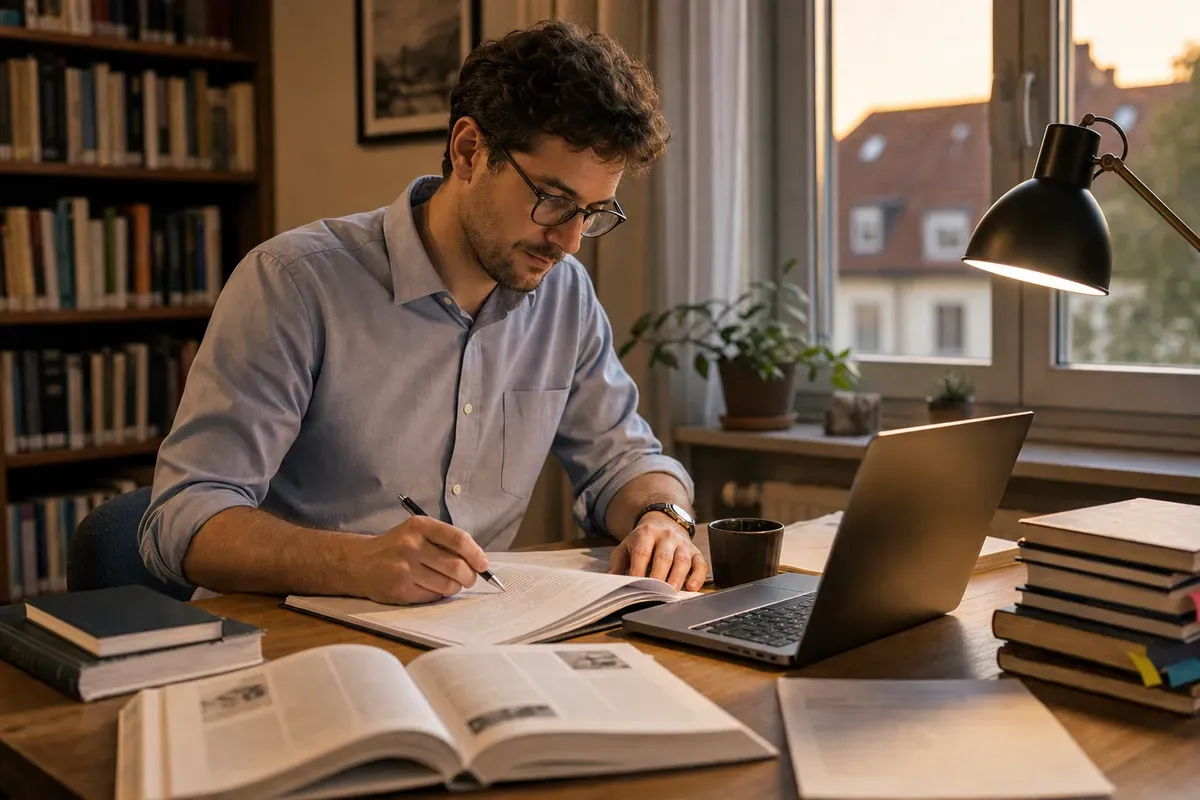 Berufstätiger Doktorand arbeitet abends am Schreibtisch an seiner Dissertation