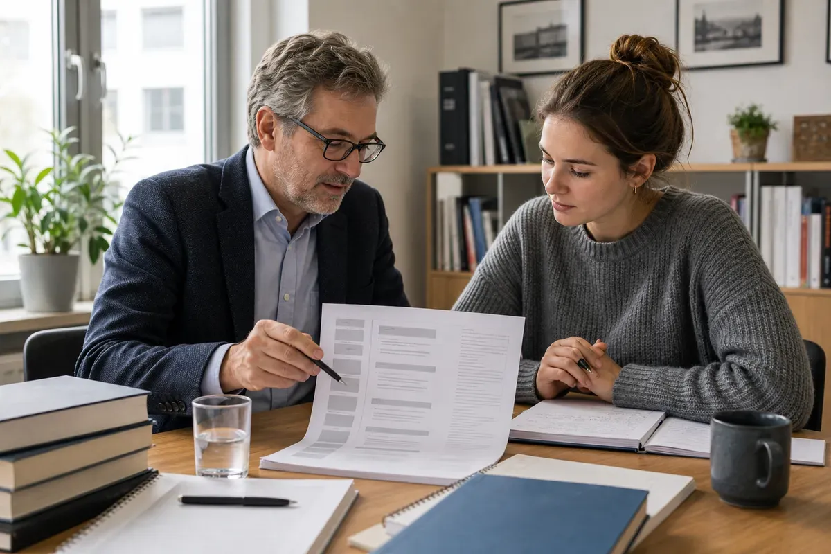 Akademischer Autor und Doktorandin besprechen die Gliederung einer Dissertation