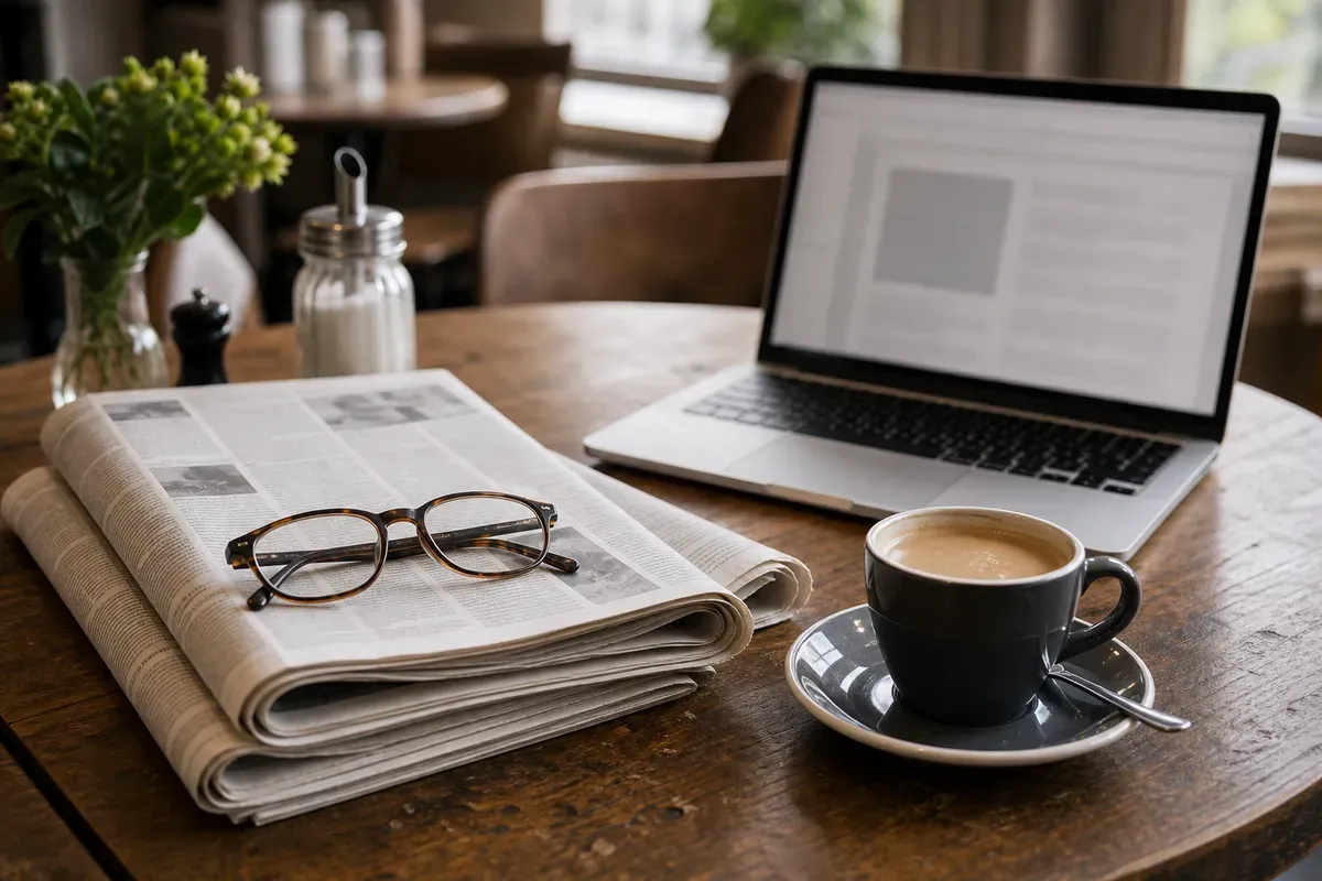 Zeitungen und Laptop mit Hintergrundartikeln zum akademischen Ghostwriting auf einem Tisch