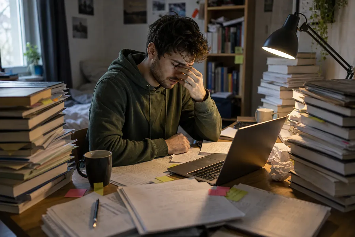 Gestresster Student umgeben von Bücherstapeln und Notizen am Schreibtisch kurz vor der Abgabefrist