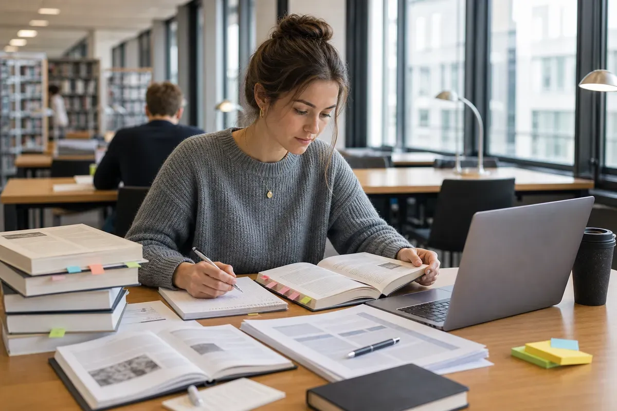Ghostwriterin recherchiert mit Fachliteratur und Laptop in einer Universitätsbibliothek