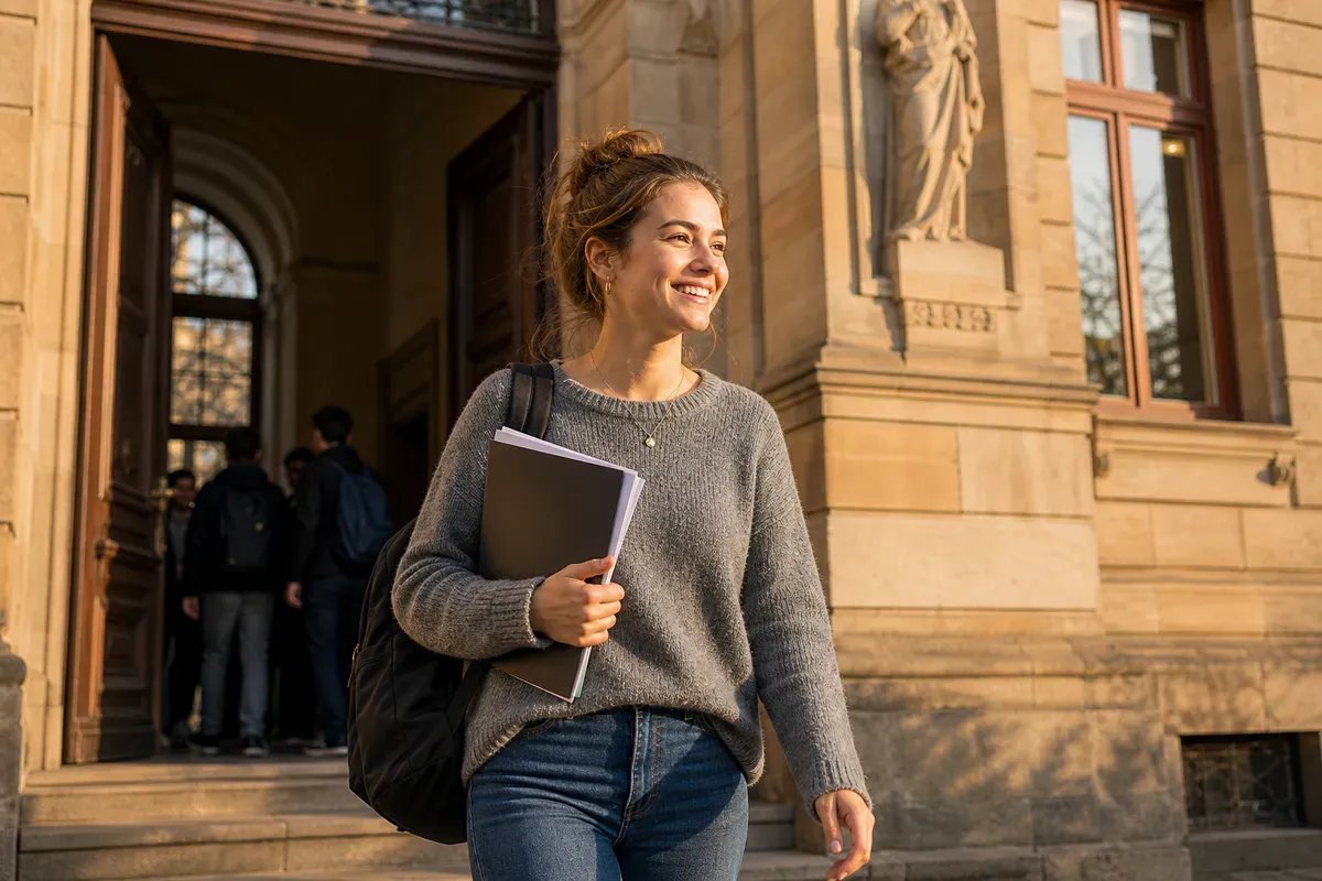 Zufriedene Studentin verlässt mit Unterlagen unter dem Arm das Universitätsgebäude