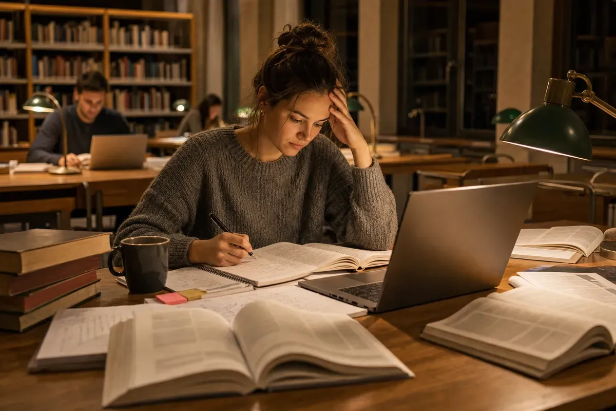 Studentin arbeitet abends unter Zeitdruck an ihrer Masterarbeit in der Universitätsbibliothek
