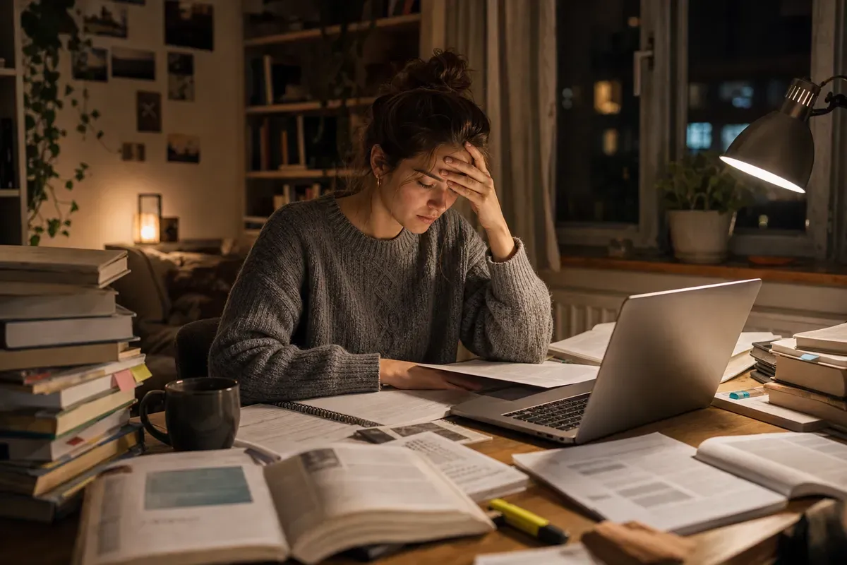 Masterstudentin sitzt nachts über Büchern und Laptop und ringt mit ihrer Abschlussarbeit