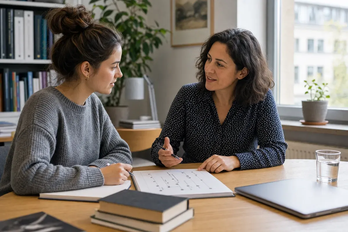 Beratungsgespräch zwischen Studentin und akademischem Coach über die Planung der Masterarbeit