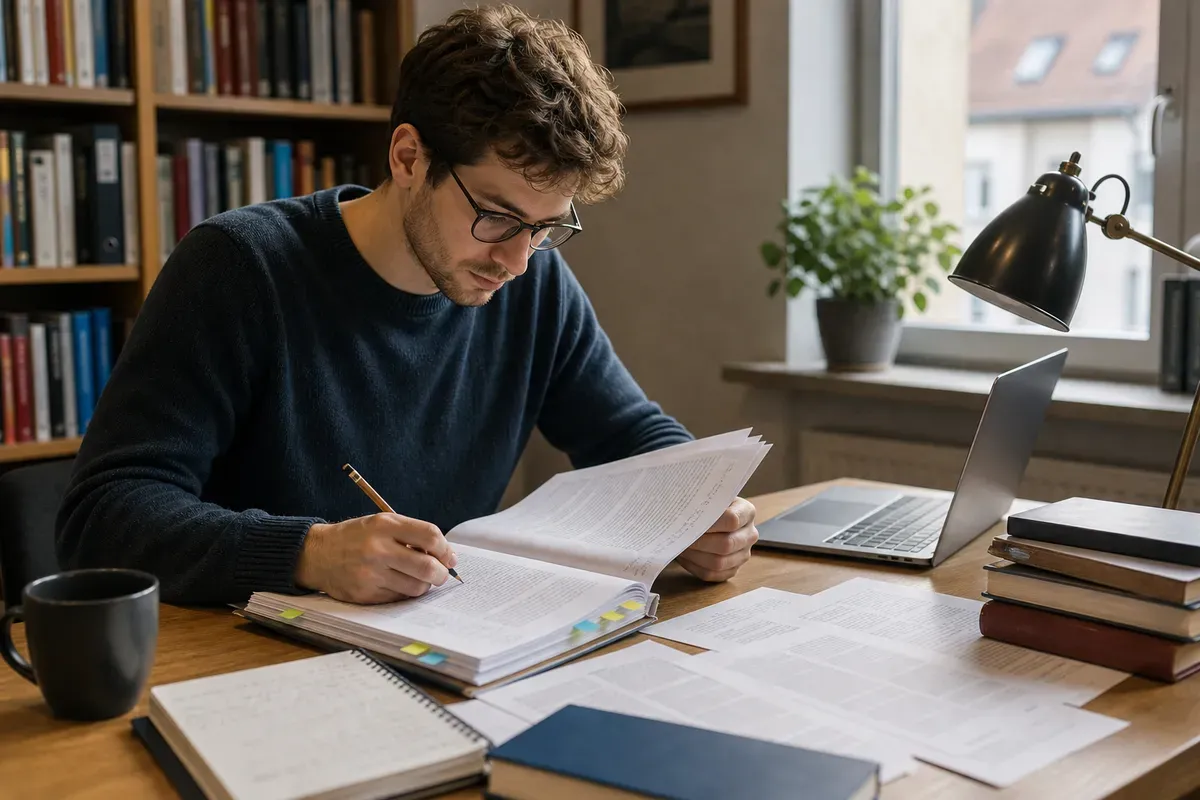 Student überarbeitet konzentriert das ausgedruckte Manuskript seiner Masterarbeit mit Korrekturanmerkungen