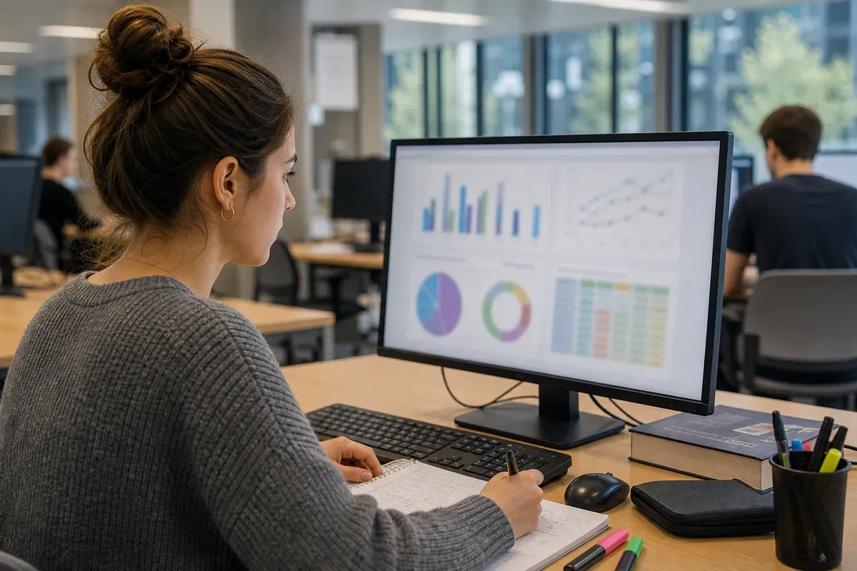 Studentin analysiert statistische Daten mit Auswertungssoftware am Computer