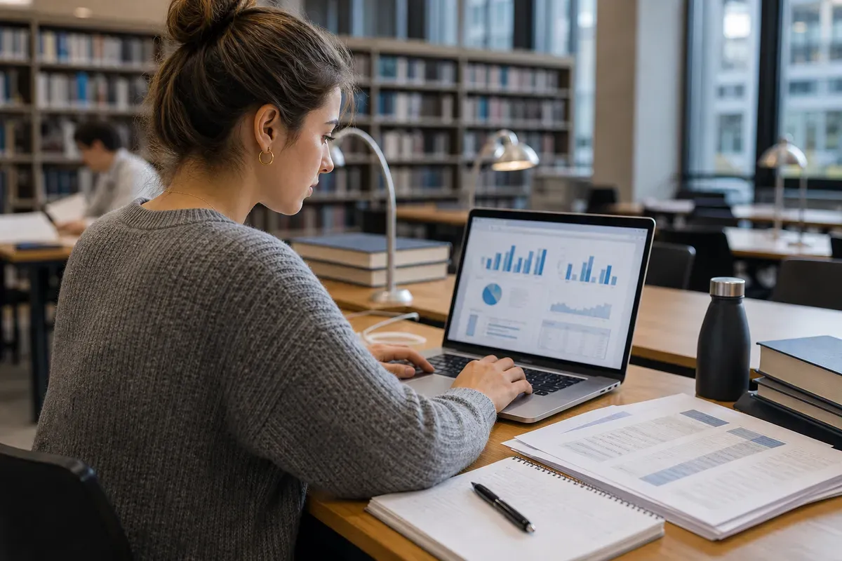 Studentin analysiert statistische Diagramme am Laptop in der Universitätsbibliothek