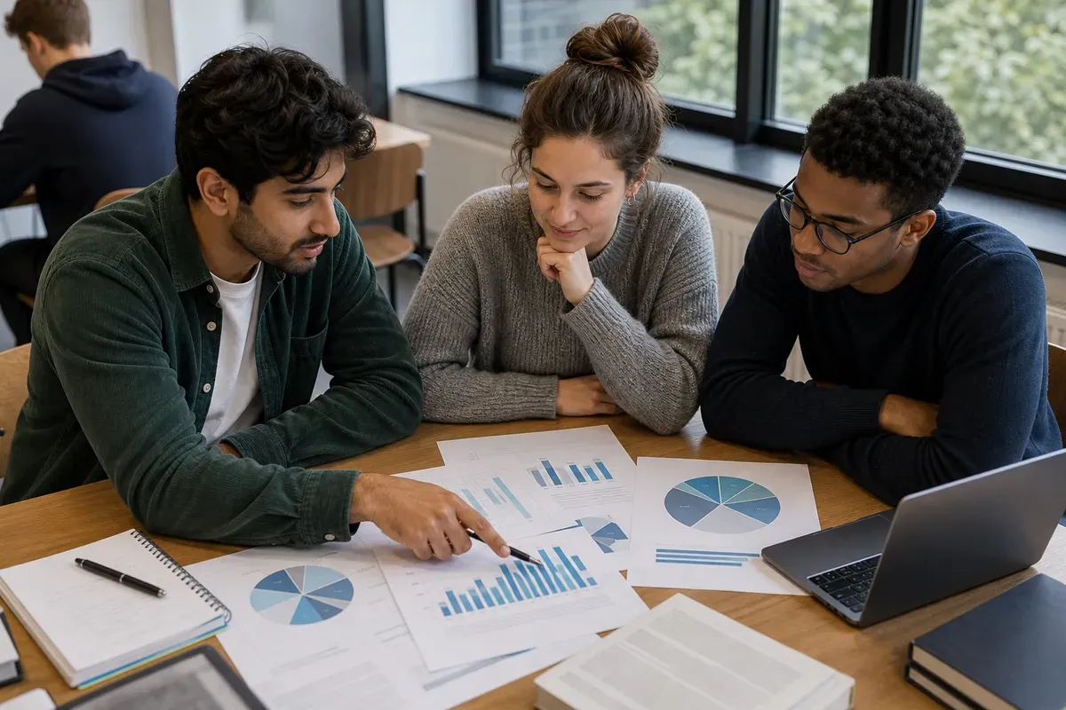 Studiengruppe diskutiert ausgedruckte Statistiken und Diagramme am Seminartisch