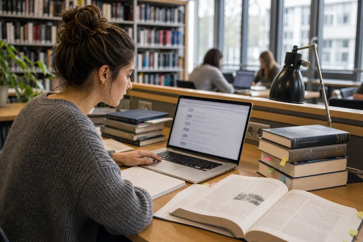 Studentin recherchiert Fachliteratur in einer wissenschaftlichen Datenbank am Bibliotheksarbeitsplatz