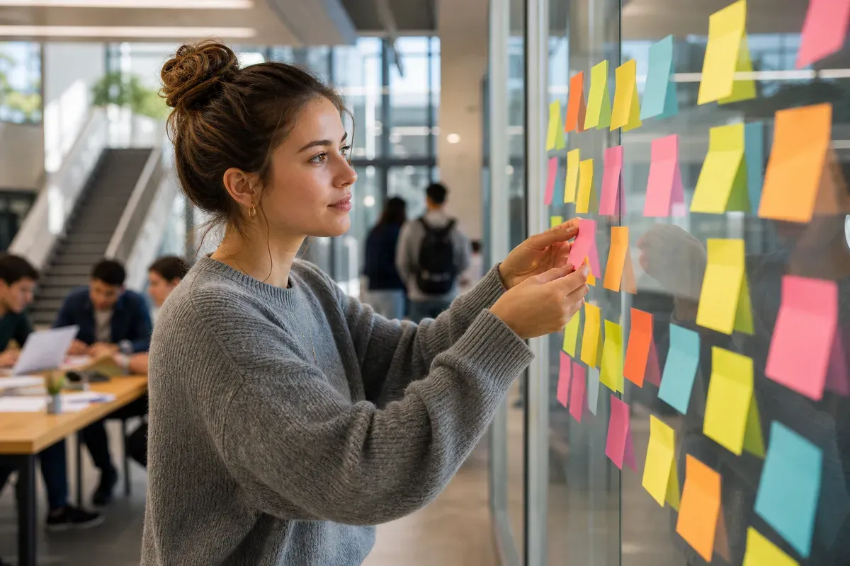 Studentin beim Brainstorming mit Haftnotizen an einer Glaswand in der Universität
