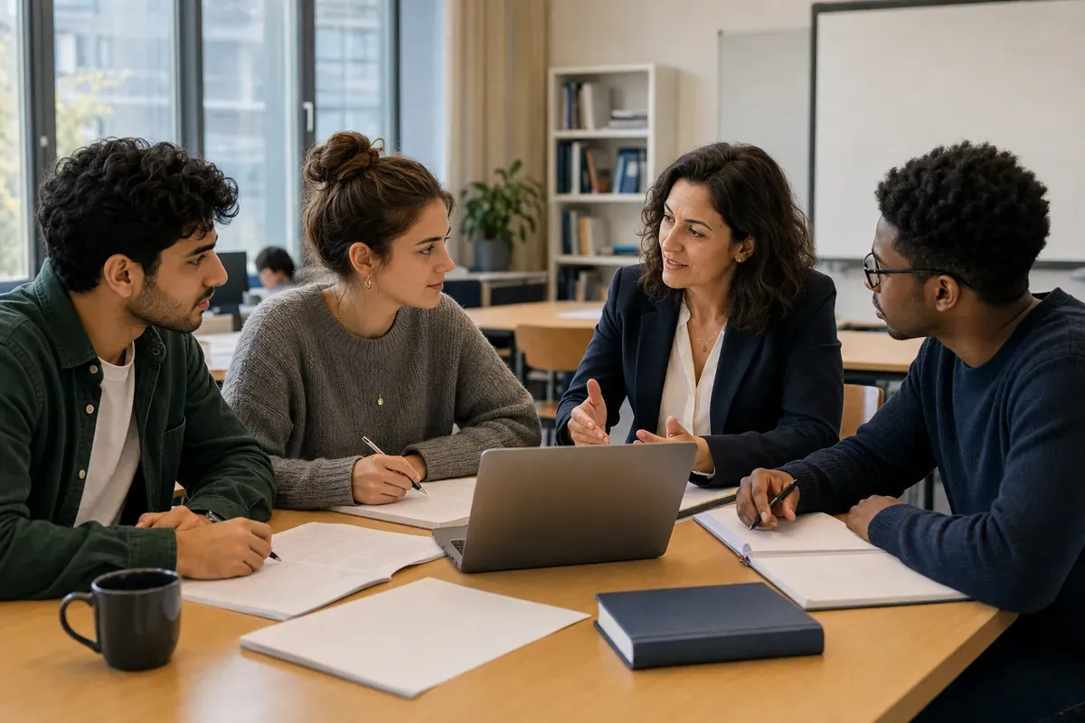 Studierende diskutieren Themenideen mit einem Betreuer am Tisch mit Laptop und Notizen