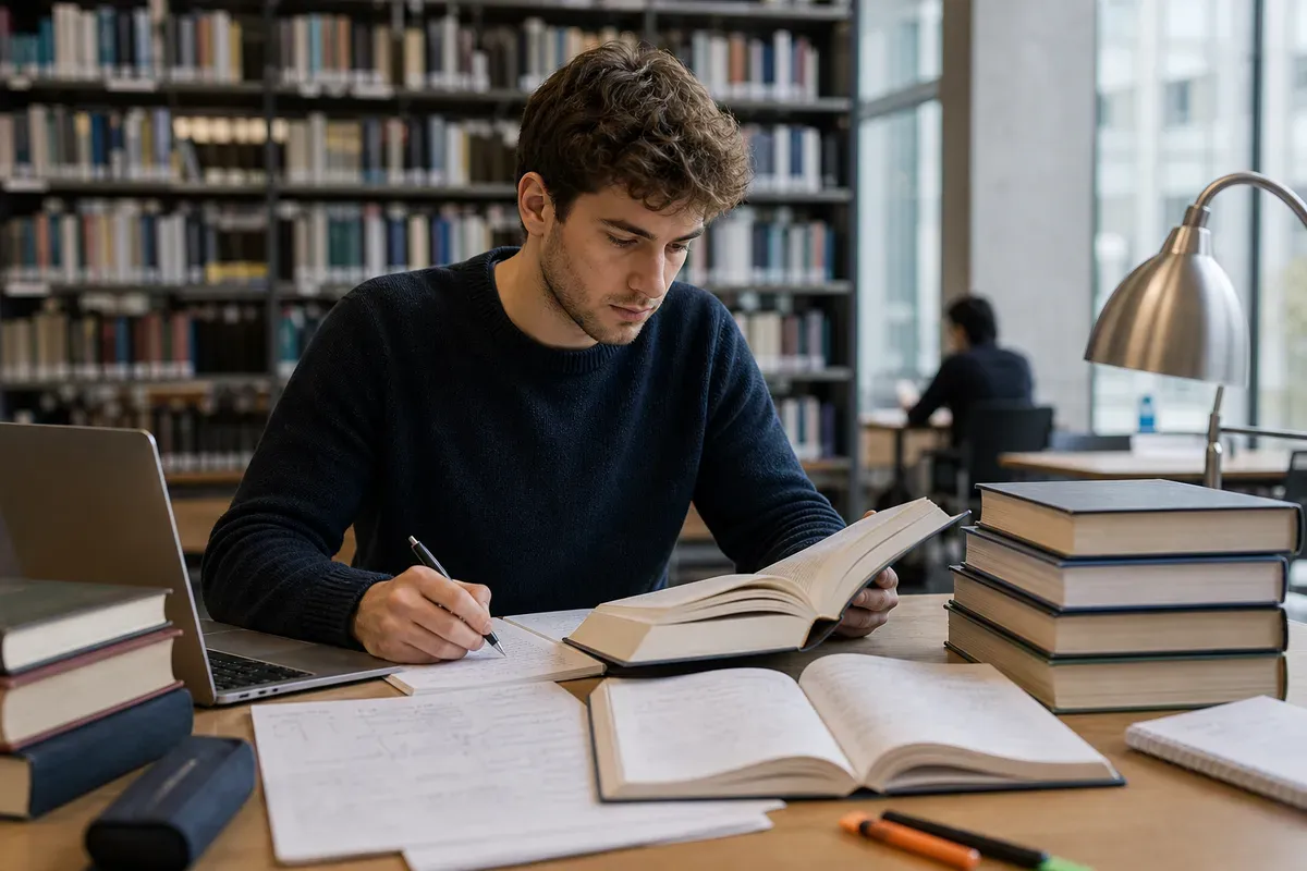 Student vergleicht Fachliteratur und Notizen in einer modernen Universitätsbibliothek