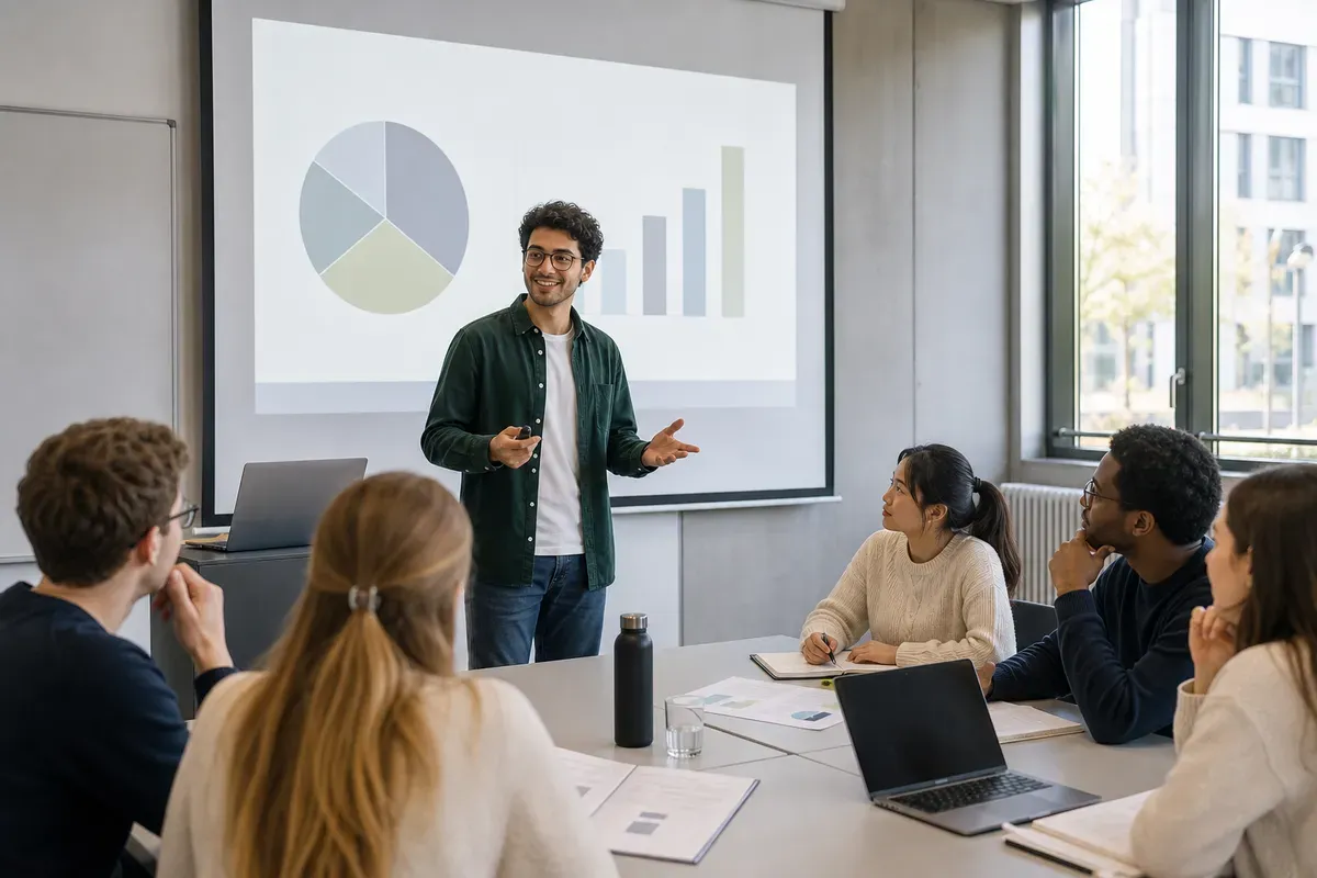Student hält eine PowerPoint-Präsentation vor Kommilitonen im Seminarraum einer Universität