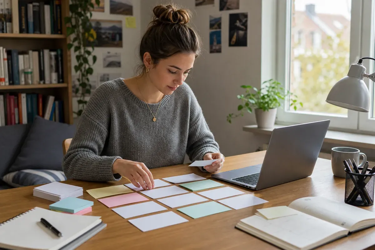Studentin strukturiert ihr Exposé mit Gliederungsnotizen und Laptop am Schreibtisch